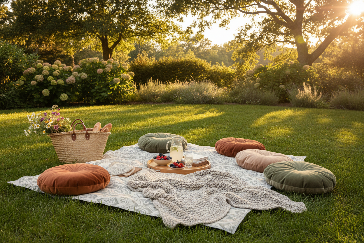 A bright and cozy backyard picnic setup on green grass with a waterproof picnic mat, soft neutral blanket, woven basket, floor cushions, small picnic tray, and warm natural daylight in a clean outdoor lifestyle style. No text.
