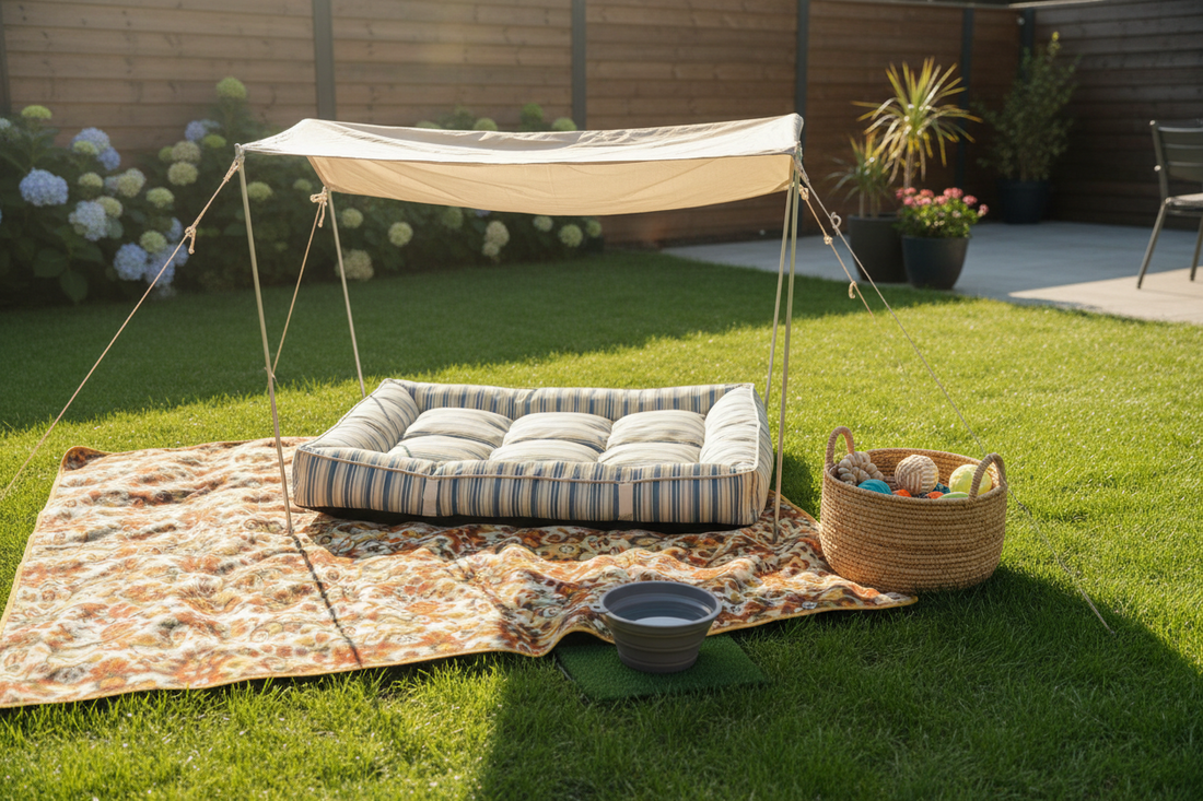 A bright pet-friendly backyard lawn setup with a washable outdoor pet bed, soft picnic blanket, portable water bowl, shade tent, storage basket, and cozy natural daylight in a relaxed outdoor lifestyle style. No text.
