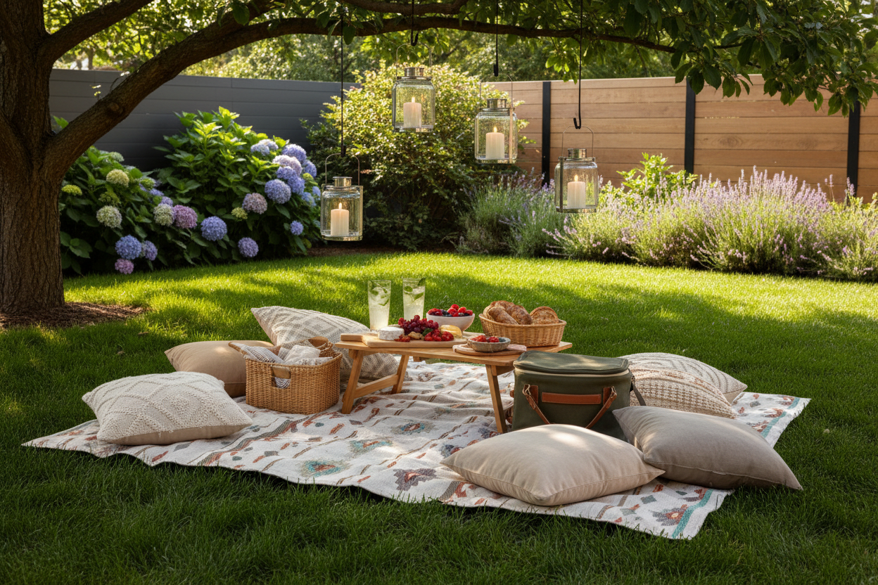 A cozy backyard picnic setup on a green lawn with a soft picnic blanket, outdoor cushions, a small folding table, cooler bag, lanterns, and warm natural daylight. Clean, inviting, realistic outdoor lifestyle mood. No text or logos.