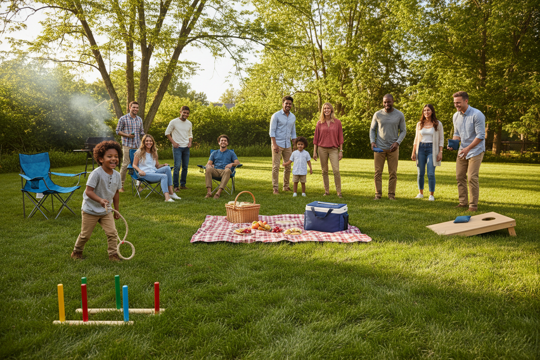 A lively backyard lawn scene with family and friends playing outdoor games on clean green grass. Ring toss, bean bag toss, portable chairs, a picnic blanket, cooler bag, and warm natural daylight create an active weekend gathering mood. No text or logos.