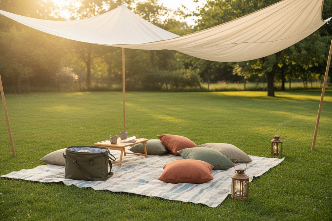 A relaxing backyard lawn setup with a soft outdoor blanket, cushions, folding table, cooler bag, shade canopy, lanterns, and warm natural daylight. Clean green grass, cozy weekend outdoor mood, realistic lifestyle style. No text or logos.