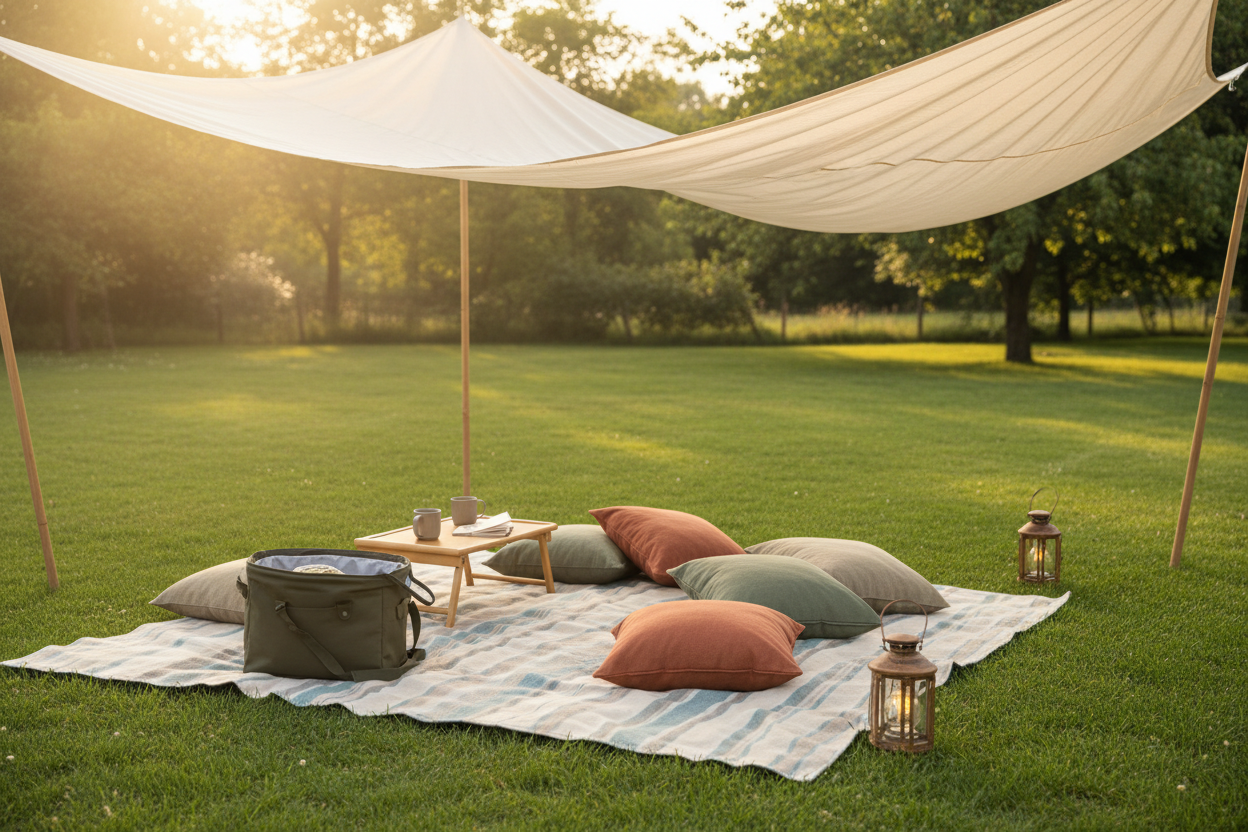 A relaxing backyard lawn setup with a soft outdoor blanket, cushions, folding table, cooler bag, shade canopy, lanterns, and warm natural daylight. Clean green grass, cozy weekend outdoor mood, realistic lifestyle style. No text or logos.