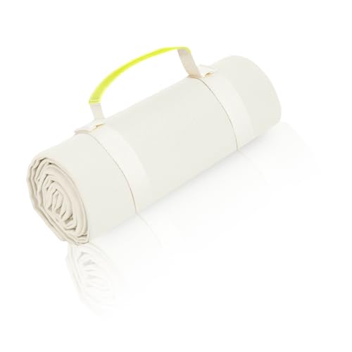 Kids Picnic Blanket, Kids Beach Mat – Medium 4’9” × 3’3” Compact Canvas, Easy to Fold & Carry - color: Creamy White + Neon Yellow Strap, size: 4'9" x 3'3"
