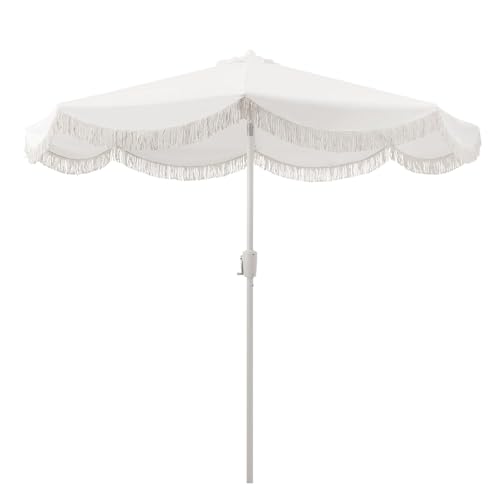 Tempera 9ft Auto Tilt Scalloped Patio Umbrellas with Fringe, Outdoor Table Umbrellas with Fade Resistant Canopy, 8 Sturdy Rids, Luxurious Vintage Umbrellas for Lawn, Pool, Deck, Balcony - color: Snow White, size: 9 FT