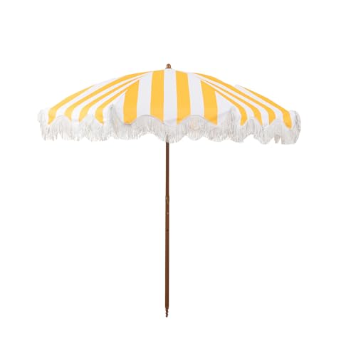 Rayjee 6.5FT Patio & Beach Umbrella with Fringe, Outdoor Sun Umbrella with Tilt & Adjustable Height, Aluminum Pole Market Umbrella for Garden, Deck, Pool & Beach - color: Yellow and white stripes
