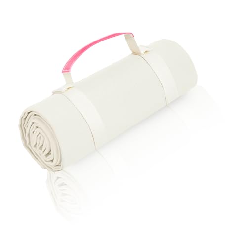 Kids Picnic Blanket, Kids Beach Mat – Medium 4’9” × 3’3” Compact Canvas, Easy to Fold & Carry - color: Creamy White + Neon Barbie Pink Strap, size: 4'9" x 3'3"