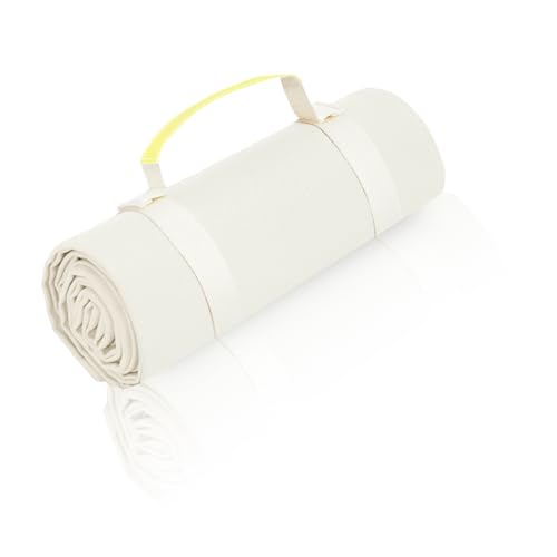 Kids Picnic Blanket, Kids Beach Mat – Medium 4’9” × 3’3” Compact Canvas, Easy to Fold & Carry - color: Creamy White + Sunny Strap, size: 4'9" x 3'3"