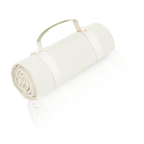 Kids Picnic Blanket, Kids Beach Mat – Medium 4’9” × 3’3” Compact Canvas, Easy to Fold & Carry - color: Creamy White + Mid-tone Sage Green Strap, size: 4'9" x 3'3"