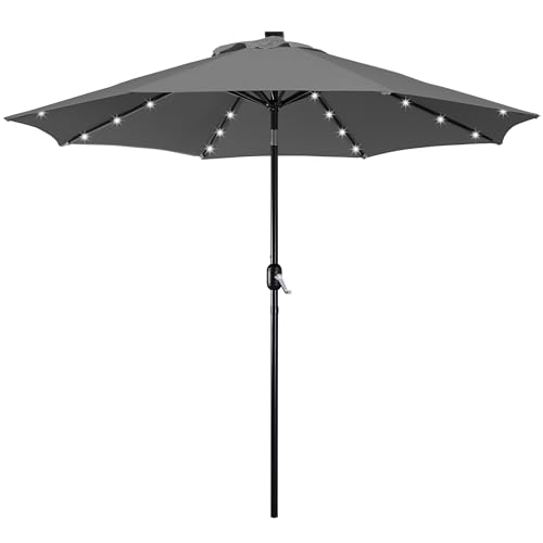 Yaheetech 9FT Solar Powered Patio Umbrella - UV Protection Market Table Umbrella w/ 32 LED Lights & Push Button Tilt & Crank Lift System for Garden/Lawn/Deck/Backyard/Pool, Gray - color: Gray, size: 9ft