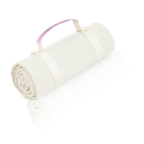 Kids Picnic Blanket, Kids Beach Mat – Medium 4’9” × 3’3” Compact Canvas, Easy to Fold & Carry - color: Creamy White + Lilac Strap, size: 4'9" x 3'3"