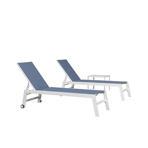 PURPLE LEAF Patio Lounge Chair 2 Pieces White Aluminum Outdoor Chaise Lounge for Pool Backyard Beach with Wheels and Table, Indigo - color: Indigo, style: Standard Inclining-leg