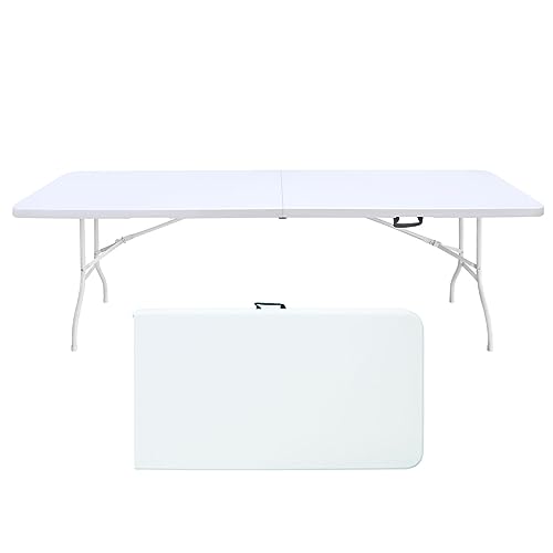 Portable Plastic Folding Table 4ft/6ft/8ft Heavy Duty White Black Picnic Dining Table Fold-in-Half for Camp Party Kitchen Indoor Outdoor - color: White, size: 8FT, style: Flat Desktop
