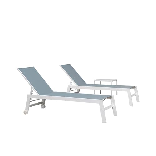 PURPLE LEAF Lounge Chair Outdoor Set of 2 White Aluminum Lounge Chair with Wheels and Table Outdoor Chaise Lounges for Patio Pool Yard, Steel Blue - color: Steel Blue, style: Standard Inclining-leg