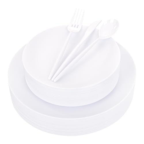 EI 150pcs White Plastic Plates Disposable,White Plate for Party,Disposable Frosted Plate with White Plastic Silverware,Heavy Duty Dinnerware set serves for 30,Perfect for Birthday Wedding Tea Party. - color: White Frosted Plastic Plates