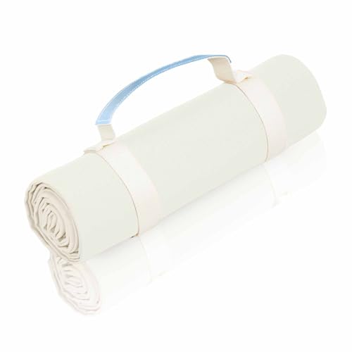 White Picnic Blanket & Beach Mat – Canvas, Machine Washable, Large 4’9” × 6’3” - color: Creamy White + Baby Blue Strap, size: 4'9" x 6'3"