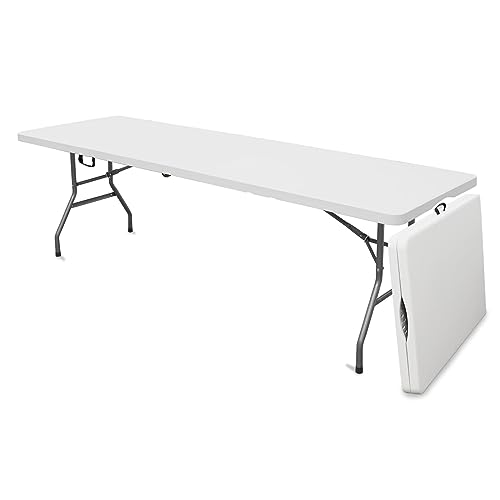 AJP Distributors 8 Foot Portable Plastic Folding Table 8FT 96" Half Foldable Heavy Duty Top w/Carry Handle - Indoor Outdoor Backyard Camping Picnic BBQ Party Wedding Dining Office Event Meeting White - color: White, size: 8 Foot
