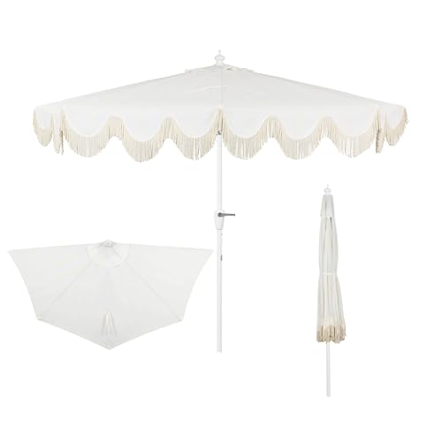 JONATHAN Y Half Umbrella UMB1201K Beverly 9 ft. Designer Classic Scalloped Fringe Market Patio with Crank, Tilt Button and UV Protection in Cream/White, White Pole - color: Cream/White - White Pole