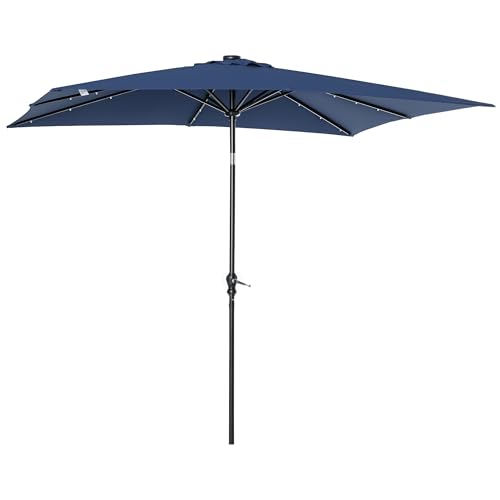 Outsunny 9' x 7' Solar Umbrella, LED Lighted Patio Umbrella for Table or Base with Tilt & Crank, Outdoor Umbrella for Garden, Deck, Backyard, Pool, Beach - color: Dark Blue