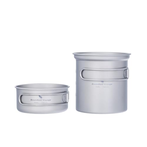 iBasingo Backpacking Cookset Titanium Camping Pots Set Ultralight Outdoor Picnic Pots Pans with Folding Handle Druable Portable Cooking Mess Kit Compact Picnic Dishes Bowls Cups (Multiple Sizes) - color: Ti2037C(750ML+300ML)