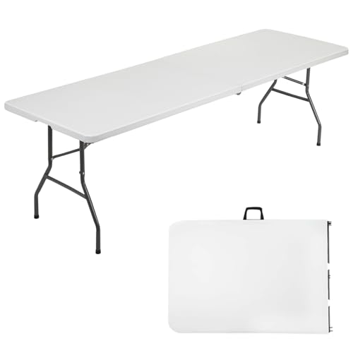 FDW 8 Foot Outdoor Dining Table, Foldable Portable Rectangular Plastic Folding Table with Built in Carrying Handle for Party and Wedding Use, White - color: White, size: 8 FT