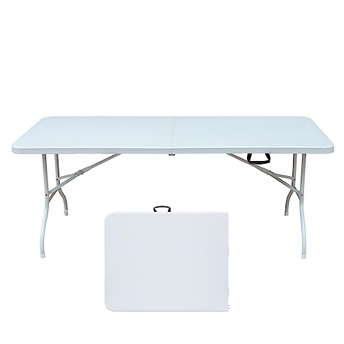6ft Plastic Folding Table Portable Heavy Duty White Dining Table Fold-in-Half for Camp Party Kitchen Indoor Outdoor - color: White, size: 6FT1, style: Flat Desktop