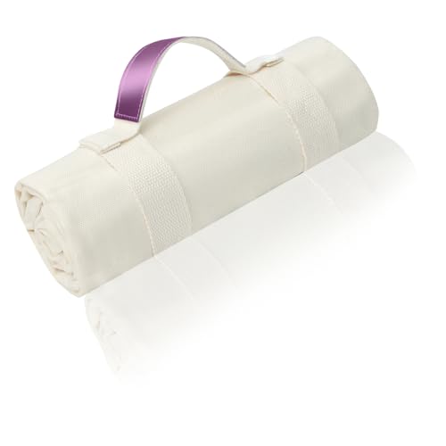 Kids Picnic Blanket, Kids Beach Mat – Medium 4’9” × 3’3” Compact Canvas, Easy to Fold & Carry - color: Creamy White + Velvet Grape Strap, size: 4'9" x 3'3"