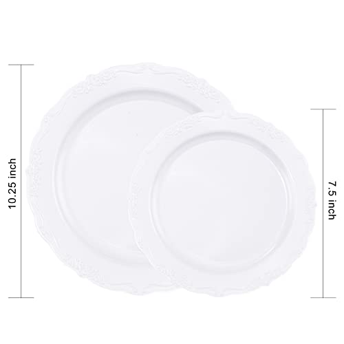 U-QE 100 Pieces White Plastic Plates - White Disposable Plates - Premium Hard Plastic Disposable Plates for Wedding and Party Use Including 50 Dinner Plates 10 '' & 50 Dessert Plates 7.5 '' - color: White