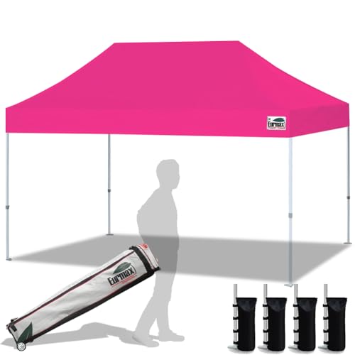 Eurmax USA 10x15ft Pop Up Canopy, Commercial Instant Tent for Outdoor Events, Patented No-Tip Rolling Storage Bag with 4 Sandbags,UV & Water Resistant,Heavy Duty Portable Shelter Gazebo,Pink - color: Pink, size: 10x15