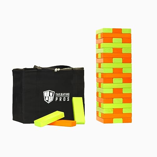 Tailgating Pros Premium Giant Toppling Timbers with Carrying Case – Choose Your Team Colors! Jumbo Outdoor Yard Game, Tower Grows to Over 5 Feet! - color: Orange/Lime