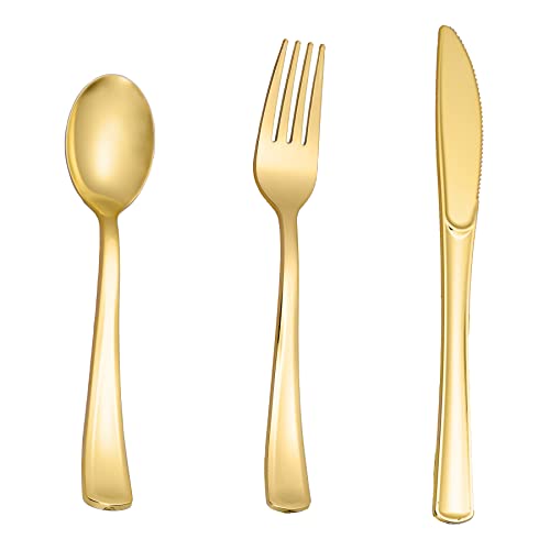 N9R 500PCS Gold Plastic Silverware - Gold Plastic Cutlery Set Disposable Flatware Dinnerware -200 Forks, 150 Spoons, 150 Knives for Party, Birthday, Wedding Utensils - color: Gold-500Pack