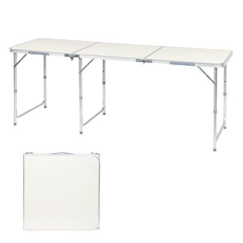 6.0 Ft Folding Portable Camping Table, Adjustable Height, Outdoor Waterproof Aluminum Lightweight Suitcase Table for Picnic, BBQ, Beach, Dining - color: White, size: 6 FT