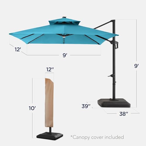 Best Choice Products 9x12ft LED Cantilever Patio Umbrella w/Base Included & 360° Rotation, Large Solar Offset Hanging Outdoor Sun Shade for Deck, Backyard Table w/Stand & Lights – Sky Blue - color: Sky Blue, size: 9x12ft