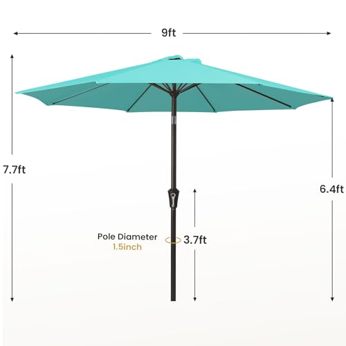 MEWAY 9ft Patio Umbrella Outdoor Table Umbrellas with Push Button Tilt and Crank, Market Umbrella 8 Sturdy Ribs for Deck, Garden, Pool and Backyard, Turquoise - color: Turquoise, size: 9ft