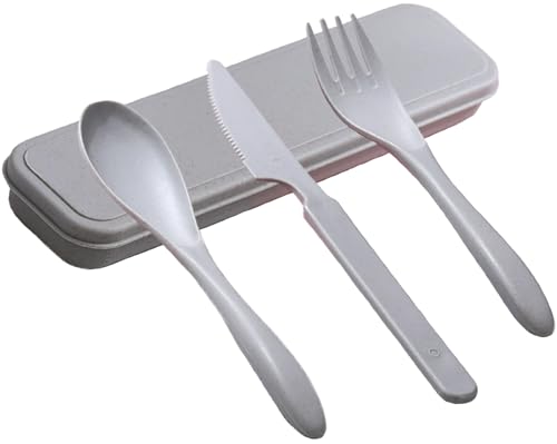 Reusable Travel Utensils with Case, Wheat Straw Portable Plastic Fork Spoons Knife Tableware, Eco-Friendly BPA Free Camping Cutlery for Lunch Box Accessories Work Picnic or Daily Use (Gray) - color: Gray