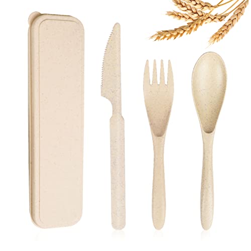 YDYTOP Reusable Travel Utensils Set with Case, Beige Wheat Straw Portable Knife Fork Spoons Tableware, Eco-Friendly BPA Free Cutlery for Kids and Adults as Travel Picnic Camping Utensils - color: 1 Sets - Beige