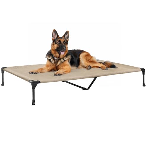 Veehoo Outdoor Elevated Dog Bed Large Sized Dogs, XL Cooling Raised Dog Cots Beds Training Platform Off Ground Hammock with Breathable Mesh, No-Slip Feet, 49"x33", Beige Coffee - color: Beige Coffee, size: 49.0"L x 33.0"W x 9.0"Th