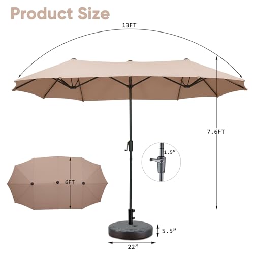 13Ft Large Patio Umbrella with Base Outdoor Double-Sided Market Extra Large Table Umbrella Easy Crank for Yard, Poolside, Deck-Khaki - color: Khaki, size: 13FT Umbrella+Base