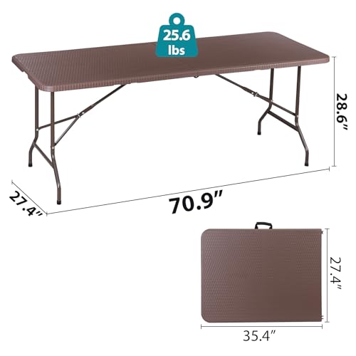 SUPER DEAL 6FT Folding Table for Indoor Outdoor, Portable Heavy Duty Fold-in-Half Plastic Dining Picnic Party Camping Table with Carrying Handle, Brown - color: Brown, size: 71"x27", style: Rectangular