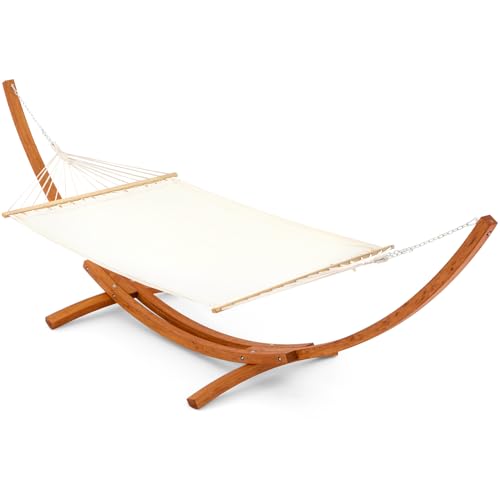 ECOTOUGE 14FT Wooden Double Hammock with Stand 2 Person Heavy Duty, Easy Assemble, Weatherproof Premium Quilted Camping Hammock for Outdoor, Patio(White) - size: 14FT