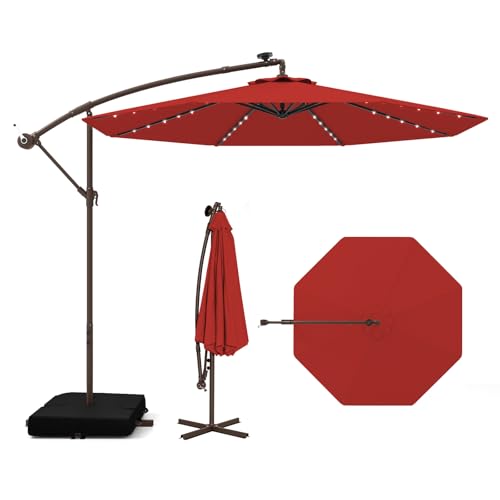 Tangkula 10FT Offset Patio Umbrella with Base Included, Outdoor Cantilever Umbrella with 40 Solar LED Lights, Tilt Adjustment, Crank Handle, Vented Top, Sand Bags for Pool Yard Deck (Burgundy) - color: Burgundy