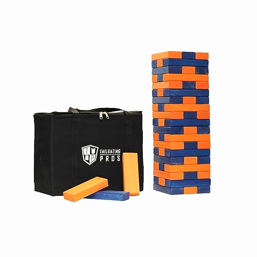 Tailgating Pros Premium Giant Toppling Timbers with Carrying Case – Choose Your Team Colors! Jumbo Outdoor Yard Game, Tower Grows to Over 5 Feet! - color: Navy/Orange