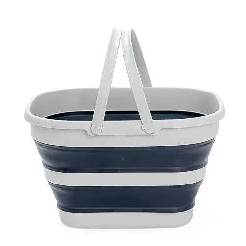 SAMMART 17L (4.5 Gallon) Collapsible Basket with Handle - Portable Outdoor Picnic Basket/Crater - Foldable Shopping Bag - Space Saving Storage Container (Grey/Slate Grey)