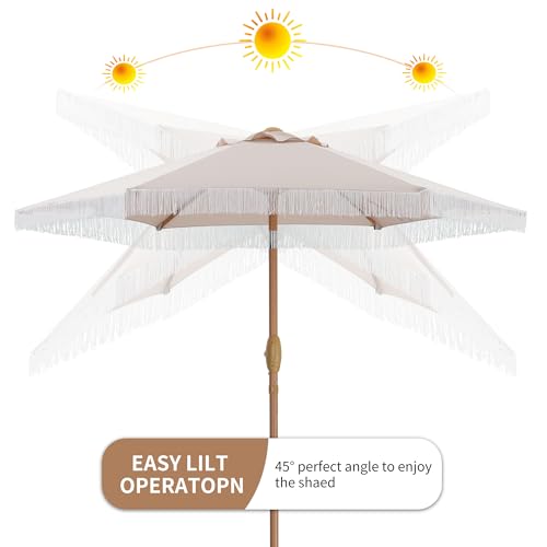 GDY 7.5FT Tassel Patio Umbrella Outdoor Table Umbrella,Market Umbrella with 6 Sturdy Ribs, with Push Button Tilt and Crank for Garden, Lawn, Deck, Backyard & Pool (Camel) - color: Camel, size: Umbrella Only