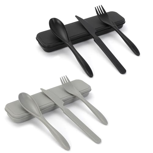 2 Sets Reusable Utensil Set with Case, Portable Camping Fork Knife Spoon Set, Wheat Straw Travel Utensils for Lunch Box, for School Work Lunch or Daily Use (Black, Grey) - color: Black, Grey