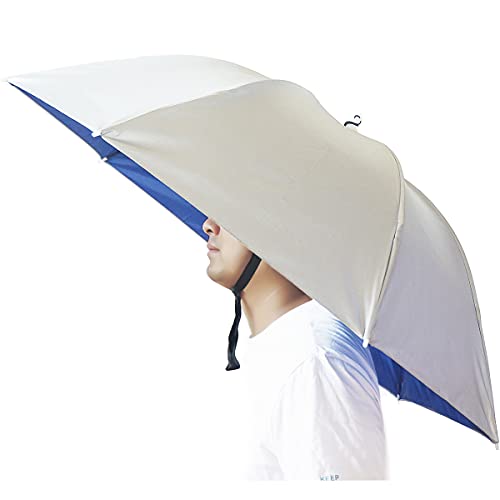 Umbrella Hat, 37 inch Fishing Umbrella Hat Hands Free Foldable UV Protection Umbrella Cap Adjustable Headwear for Fishing Golf Camping Beach Gardening Sunshade Outdoor - color: Silver-Blue