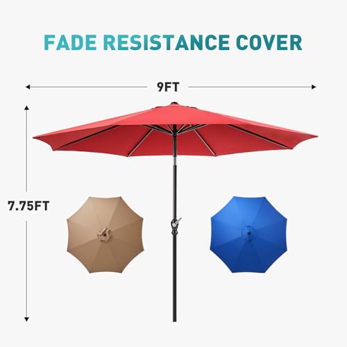 OLIXIS Patio Umbrella with Tilt and Crank Button & Sturdy Ribs Waterproof, Patio Table Umbrella Perfect for Poolside, Terrace, Beach and Outdoor Restaurant - color: Bright Red, size: 9FT NO LEDs