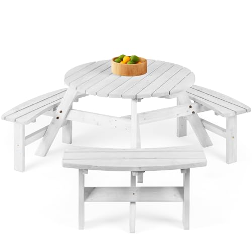 Best Choice Products 6-Person Circular Outdoor Wooden Picnic Table for Patio, Backyard, Garden, DIY w/ 3 Built-in Benches, 500lb Capacity - White - color: White