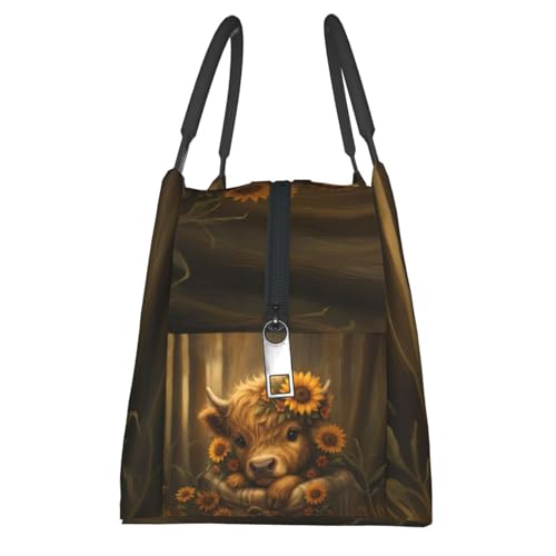 Rustic Highland Cow Reusable Lunch Box,Cute Calf Sunflower Lunchbox for Women Farm Animal Lovers,Insulated Lunchbag,11in*6.3in*6.7in,Gifts Makeup Bag,Portable Handbag for Picnic Work Travel - color: Highland Cow
