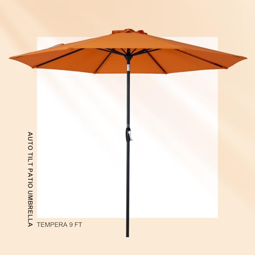 Tempera 9ft Auto Tilt Scalloped Patio Umbrellas with Fringe, Outdoor Table Umbrellas with Fade Resistant Canopy, 8 Sturdy Rids, Luxurious Vintage Umbrellas for Lawn, Pool, Deck, Balcony - color: Brick, size: 9 FT
