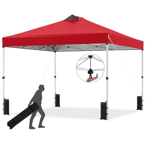 Tangkula 10 x10 Ft Pop Up Canopy with Center Lock, UPF 50+ One-Button Setup Outdoor Canopy Tent with Roller Bag, 4 Sand Bags, Heavy-Duty Steel Frame, 8 Stakes, 4 Ropes for Camping, Picnic (Red) - color: Red